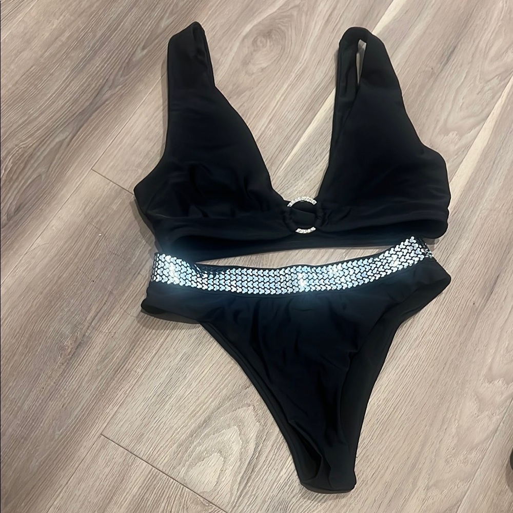 Shein Black and Silver Rhinestone Bikini Set